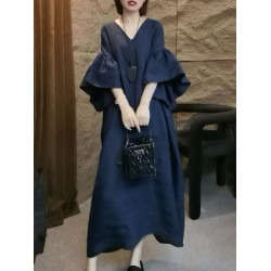 Design sense retro fashion lotus leaf round neck skirt summer new loose flesh-covering versatile slimming dress