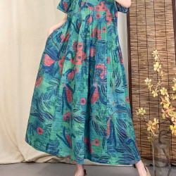 Vintage cotton and linen printed round-neck short-sleeved dress women's loose plus size slimming stitching skirt