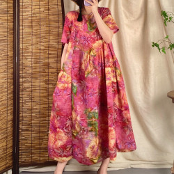 Vintage cotton and linen printed round-neck short-sleeved dress women's loose plus size slimming stitching skirt