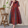 Vintage cotton and linen printed round-neck short-sleeved dress women's loose plus size slimming stitching skirt