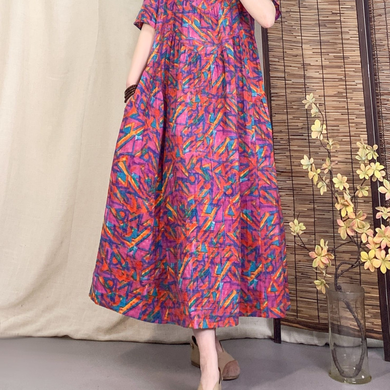 Vintage cotton and linen printed round-neck short-sleeved dress women's loose plus size slimming stitching skirt