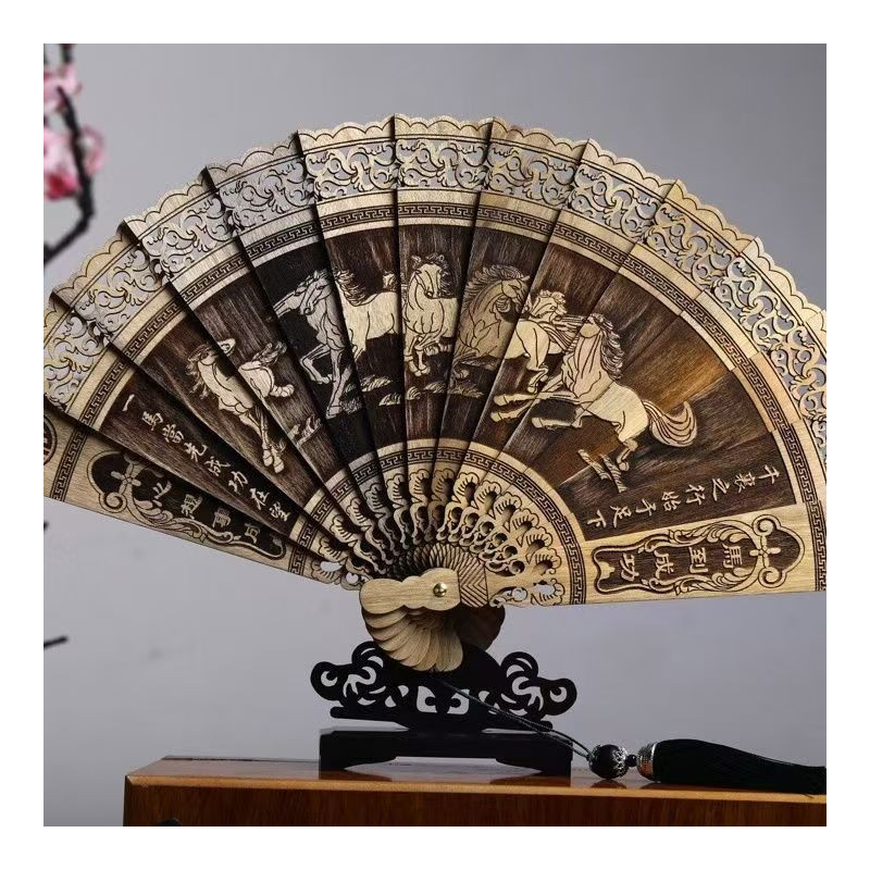 Golden nanmu solid wood creative folding fan hollow carving classical Chinese style