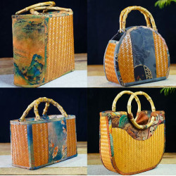 Handmade bamboo woven fabric bag artistic woven storage bag retro women's bag