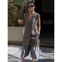 Casual suit vest set women's new V-neck medium and long horse clip five-piece pants two-piece set
