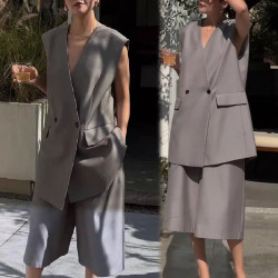 Casual suit vest set women's new V-neck medium and long horse clip five-piece pants two-piece set