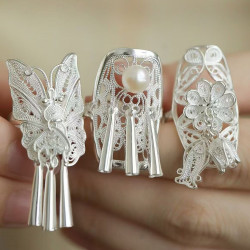 National trend ancient style hollow sweet butterfly flower pearl ring