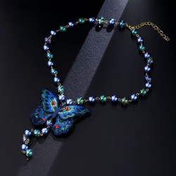 Embroidered butterfly pendant necklace new Chinese style literary style autumn and winter women