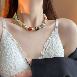 Ethnic style ceramic flower retro necklace niche retro exaggerated clavicle chain