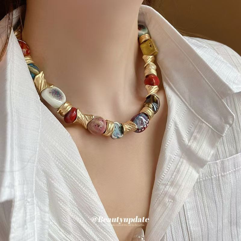 Ethnic style ceramic flower retro necklace niche retro exaggerated clavicle chain