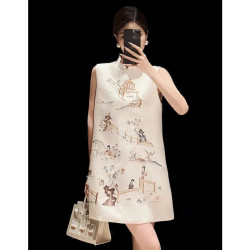 New Chinese style retro heavy-duty sleeveless loose cheongsam skirt