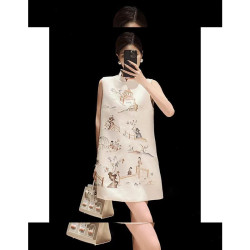 New Chinese style retro heavy-duty sleeveless loose cheongsam skirt