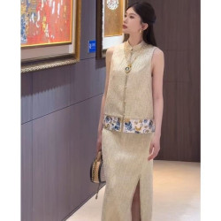 New Chinese style apricot vest top skirt suit summer