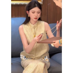 New Chinese style apricot vest top skirt suit summer