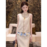 New Chinese style apricot vest top skirt suit summer