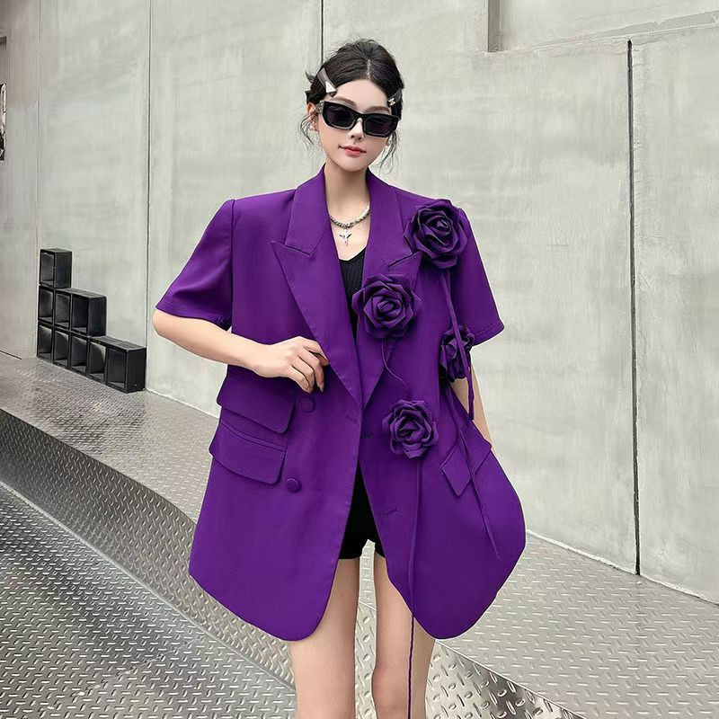 Women's black three-dimensional flower heavy suit jacket