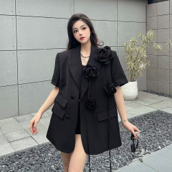 Women's black three-dimensional flower heavy suit jacket