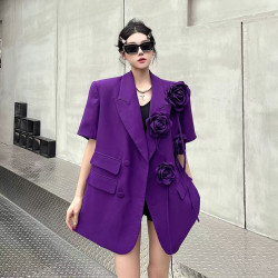 Women's black three-dimensional flower heavy suit jacket