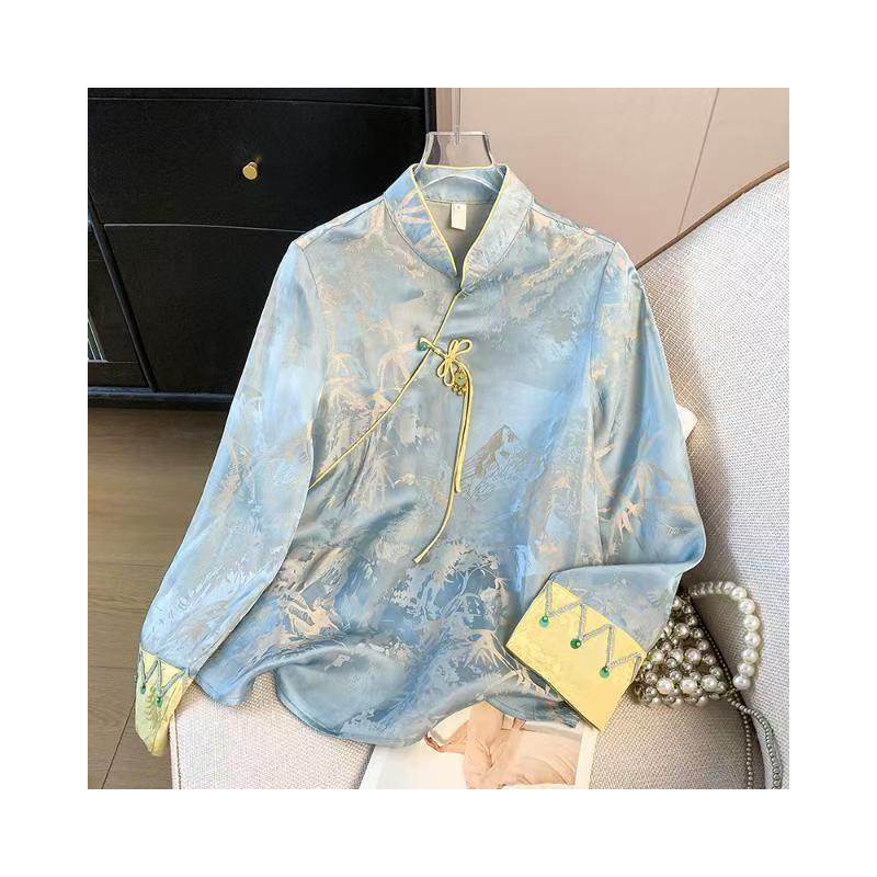 New Chinese style stand-up collar buttoned satin jacquard embroidered top