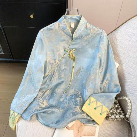 New Chinese style stand-up collar buttoned satin jacquard embroidered top