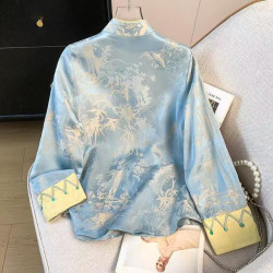 New Chinese style stand-up collar buttoned satin jacquard embroidered top