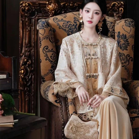 New Chinese style heavy jacquard embroidery splicing lace jacket and skirt suit