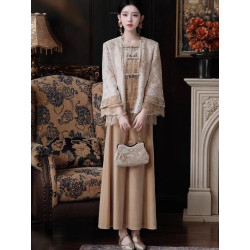 New Chinese style heavy jacquard embroidery splicing lace jacket and skirt suit