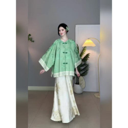 Spring new Chinese style retro Tang suit Hanfu green handmade buttoned printed loose top for women