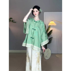 Spring new Chinese style retro Tang suit Hanfu green handmade buttoned printed loose top for women