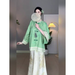 Spring new Chinese style retro Tang suit Hanfu green handmade buttoned printed loose top for women