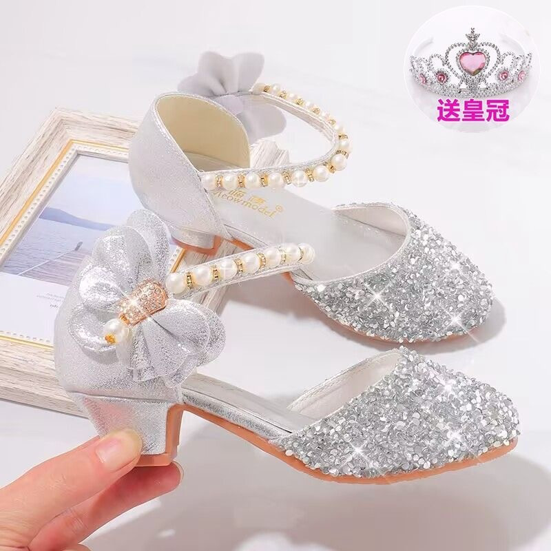 Girls' leather shoes catwalk model crystal shoes children's high heels princess shoes little girl performance shoes