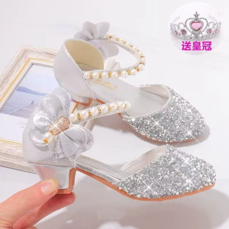 Girls' leather shoes catwalk model crystal shoes children's high heels princess shoes little girl performance shoes