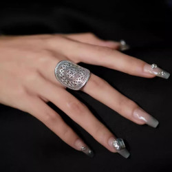 Miao bronze drum flower silver ring for women
