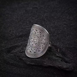 Miao bronze drum flower silver ring for women