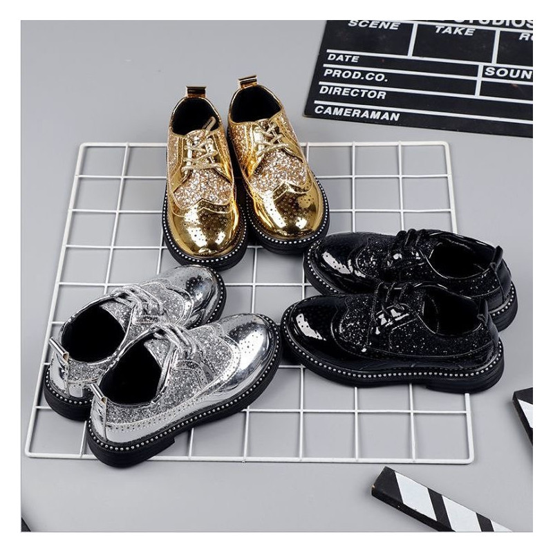 Men's and women's British leather shoes handsome performance 3 to 12 years old round toe sequins