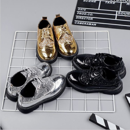 Men's and women's British leather shoes handsome performance 3 to 12 years old round toe sequins