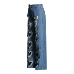 Fashionable trendy jeans for women high waist printed hollow design straight pants for women