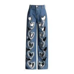 Fashionable trendy jeans for women high waist printed hollow design straight pants for women