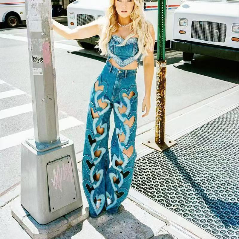Fashionable trendy jeans for women high waist printed hollow design straight pants for women