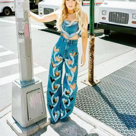 Fashionable trendy jeans for women high waist printed hollow design straight pants for women