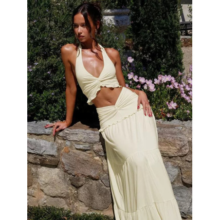 Sexy V-neck wooden ear hanging neck strap twisted long skirt two-piece set
