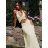 Sexy V-neck wooden ear hanging neck strap twisted long skirt two-piece set