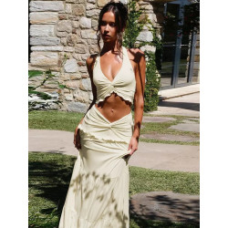 Sexy V-neck wooden ear hanging neck strap twisted long skirt two-piece set