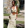 Sexy V-neck wooden ear hanging neck strap twisted long skirt two-piece set