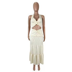 Sexy V-neck wooden ear hanging neck strap twisted long skirt two-piece set