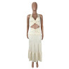 Sexy V-neck wooden ear hanging neck strap twisted long skirt two-piece set