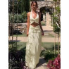 Sexy V-neck wooden ear hanging neck strap twisted long skirt two-piece set
