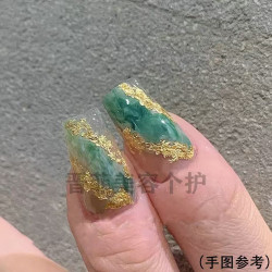 Ancient style nail art green smudge ink gold inlaid jade nail decals Chinese style