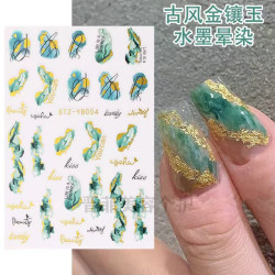 Ancient style nail art green smudge ink gold inlaid jade nail decals Chinese style