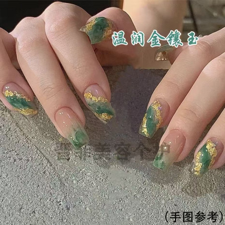 Ancient style nail art green smudge ink gold inlaid jade nail decals Chinese style