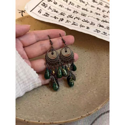 Qinghong | New Chinese ethnic style ancient style tassel bronze old green Bohemian long earrings